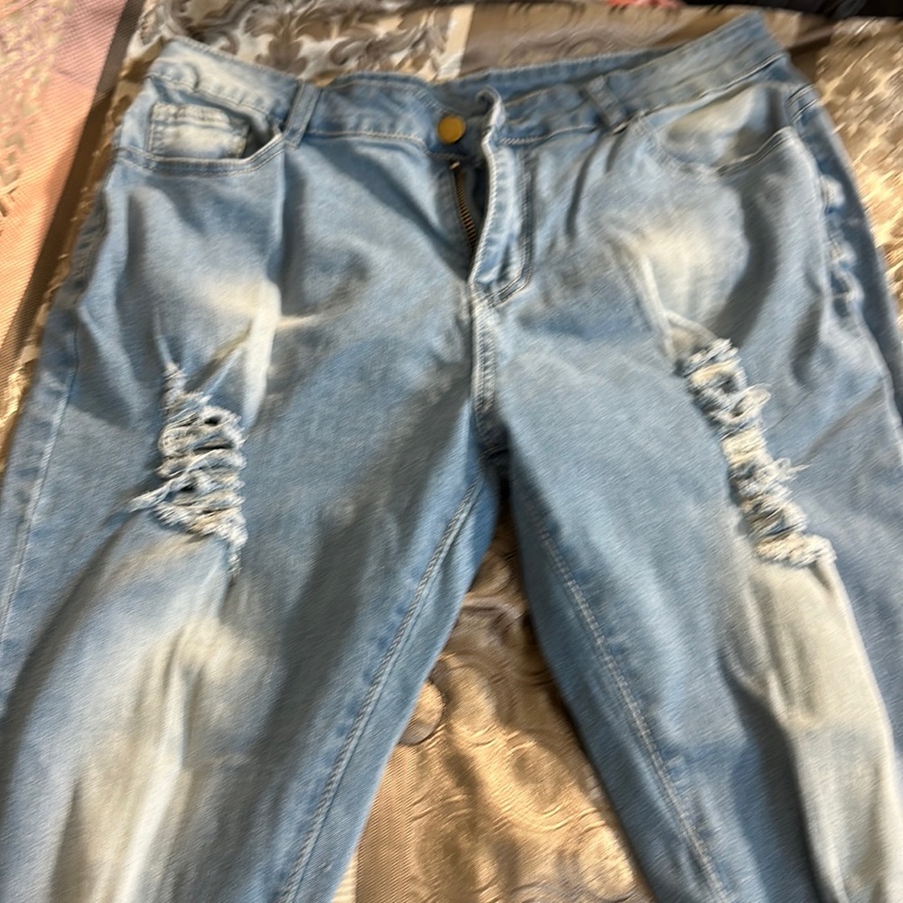 Distressed, ripped flare, shredded bottom, jeans, size XL stretchy